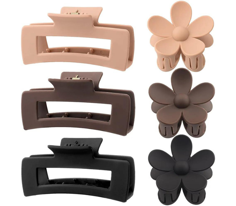 6 Pack Large Rectangle Hair Claw Clips - Matte Flower Clips, Neutral Colors 